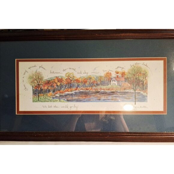 Framed D. Morgan Print "Cottage By The Lake" 1995 Art Cabin Cozy Fall Leaves - Picture 2 of 6